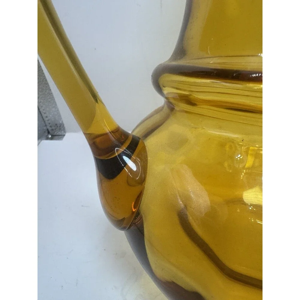 VTG Pilgrim Art Glass Optic Ridges MCM Amber brown Applied Handle Pitcher 8.5 In